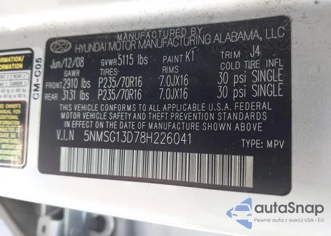 2008 Hyundai Santa Fe Gls z USA, uszkodzony, nr VIN 5NMSG13D78H226041